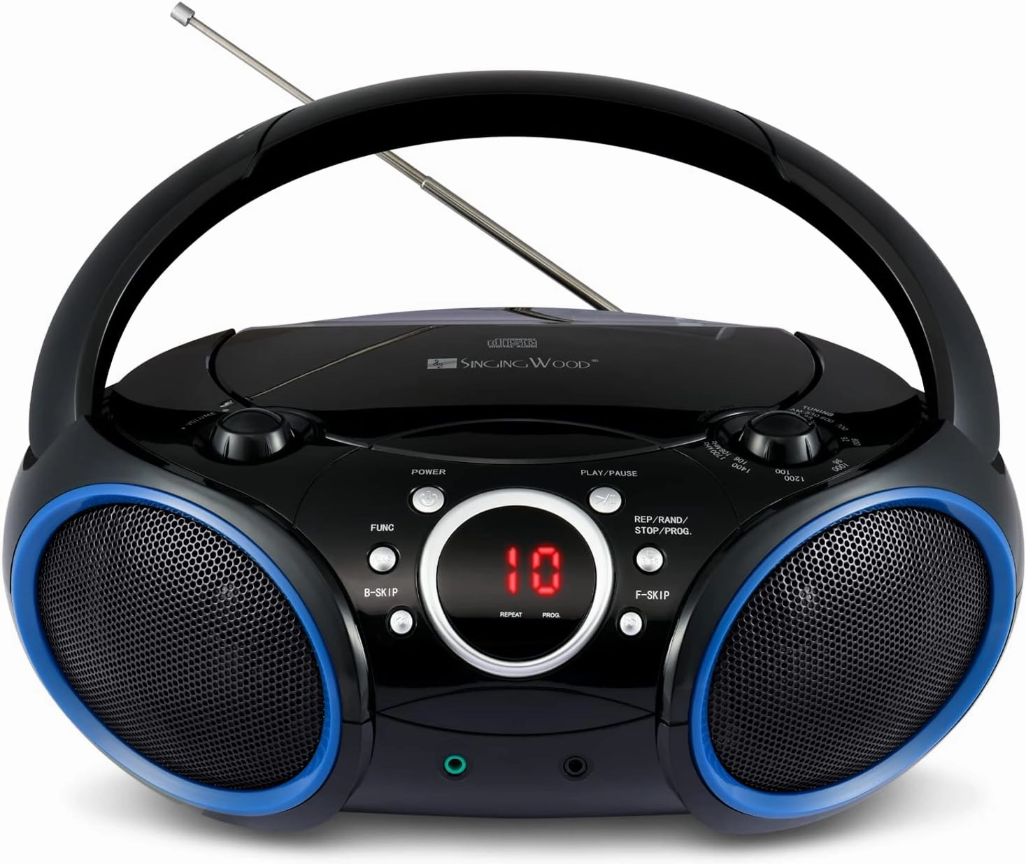 SINGING WOOD 030C Portable CD Player Boombox with AM FM Stereo Radio, Aux Line in, Headphone Jack, Supported AC or Battery Powered (Black with a Touch of Blue Rims)