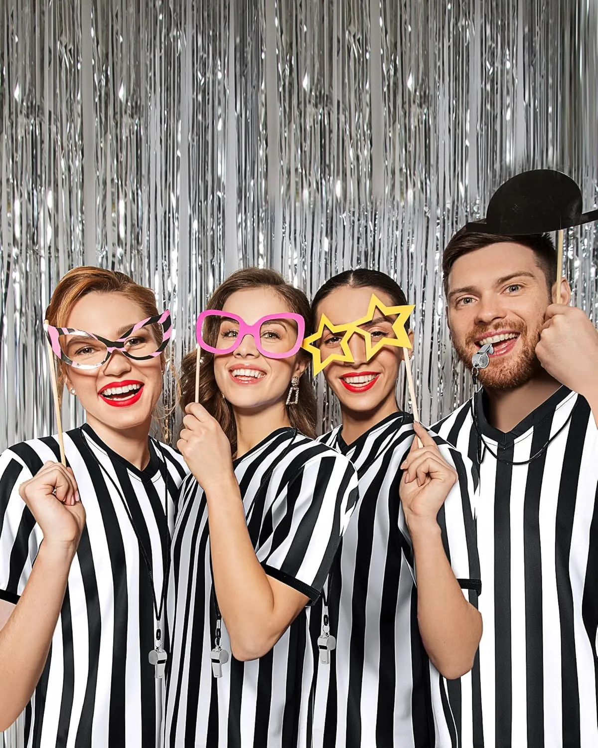 Sintege 4 Sets White and Black Soccer Referee Stripe Shirt with Whistle Official Referee Costume Shirt Football Umpire Jersey Halloween Costume for Adult