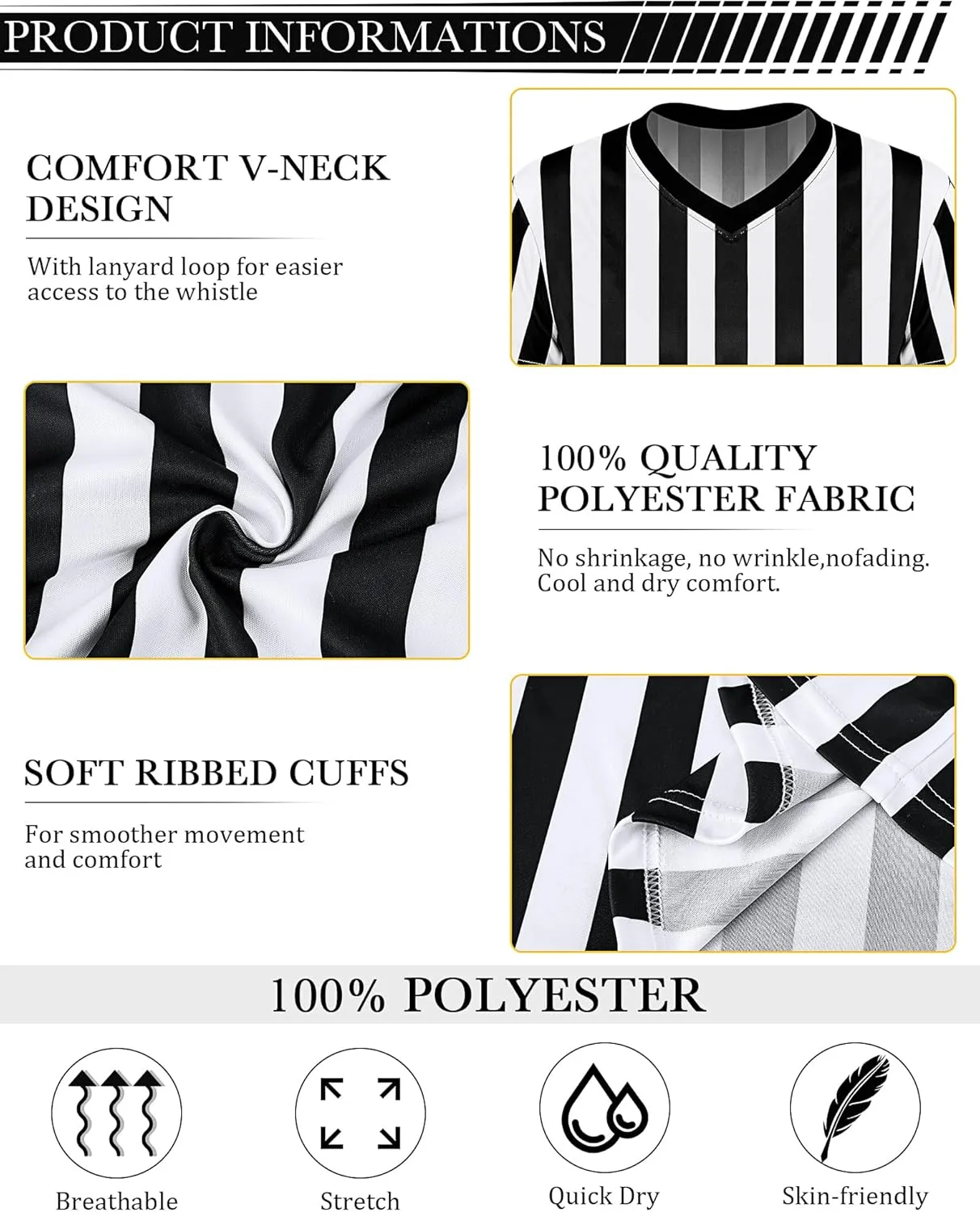 Sintege 4 Sets White and Black Soccer Referee Stripe Shirt with Whistle Official Referee Costume Shirt Football Umpire Jersey Halloween Costume for Adult