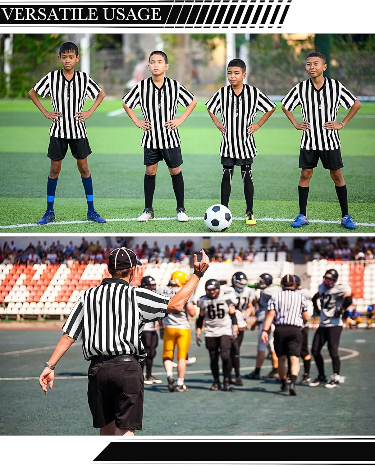 Sintege 4 Sets White and Black Soccer Referee Stripe Shirt with Whistle Official Referee Costume Shirt Football Umpire Jersey Halloween Costume for Adult