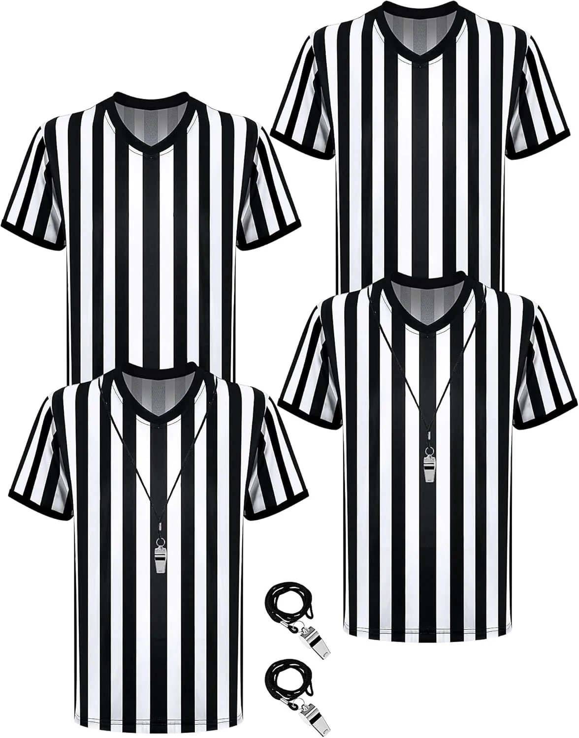 Sintege 4 Sets White and Black Soccer Referee Stripe Shirt with Whistle Official Referee Costume Shirt Football Umpire Jersey Halloween Costume for Adult
