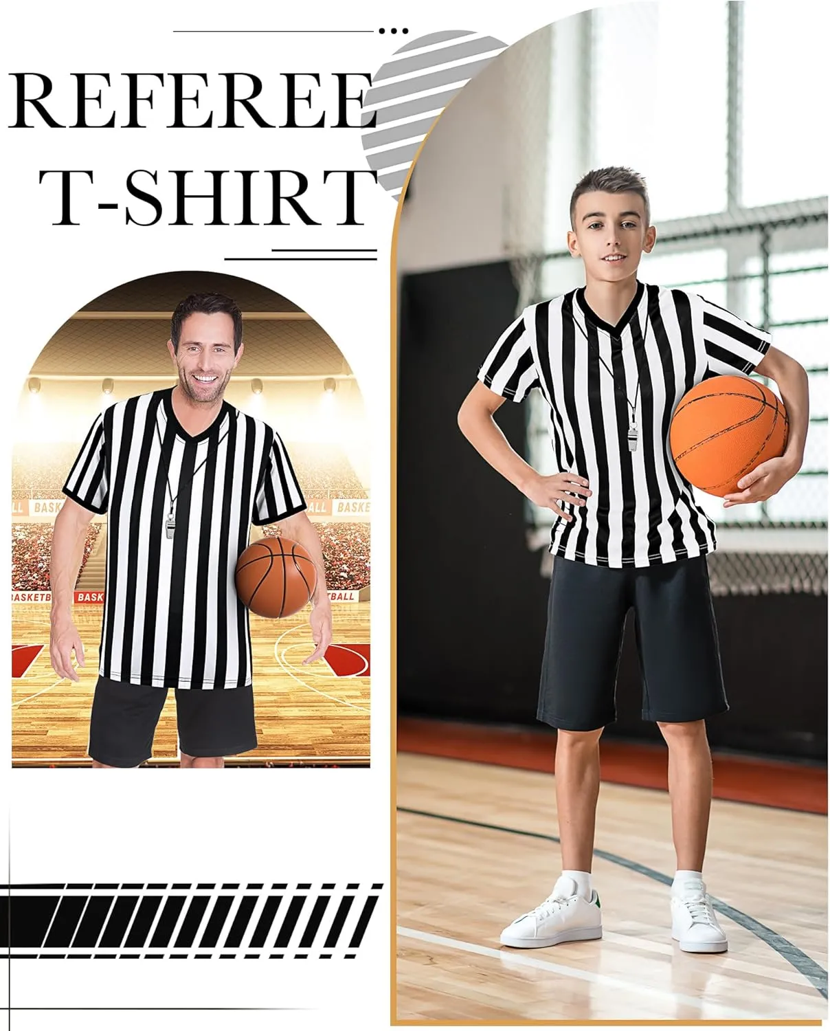 Sintege 4 Sets White and Black Soccer Referee Stripe Shirt with Whistle Official Referee Costume Shirt Football Umpire Jersey Halloween Costume for Adult