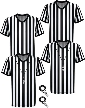 Sintege 4 Sets White and Black Soccer Referee Stripe Shirt with Whistle Official Referee Costume Shirt Football Umpire Jersey Halloween Costume for Adult