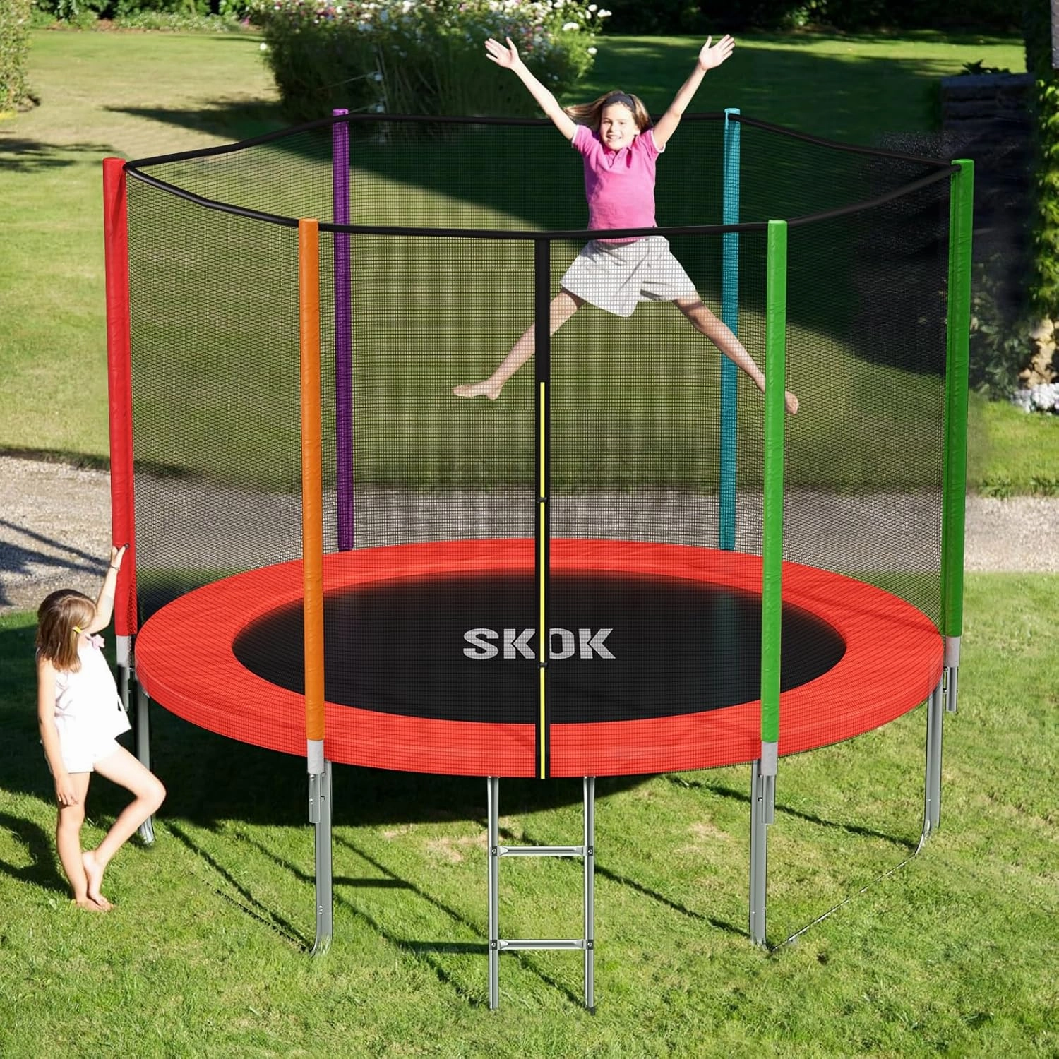 SKOK Trampoline 8FT 10FT 12FT 14FT 15FT Trampolines with Enclosure Net, 400LBS Outdoor Trampolines for Kids with Basketball Hoop-ASTM Approved Trampoline for Children and Adults with Ladder