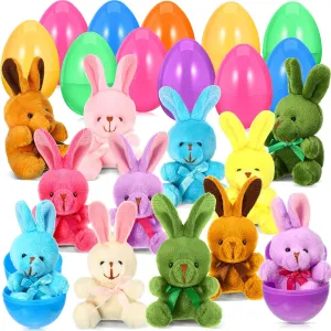 Skylety 32 Set Filled Easter Eggs Bulk with Plush Bunny Toy Set including Small Rabbit Plush Fillable Plastic Colorful Eggs for Easter Party Favors Basket Fillers Carnival Prizes Classroom Rewards