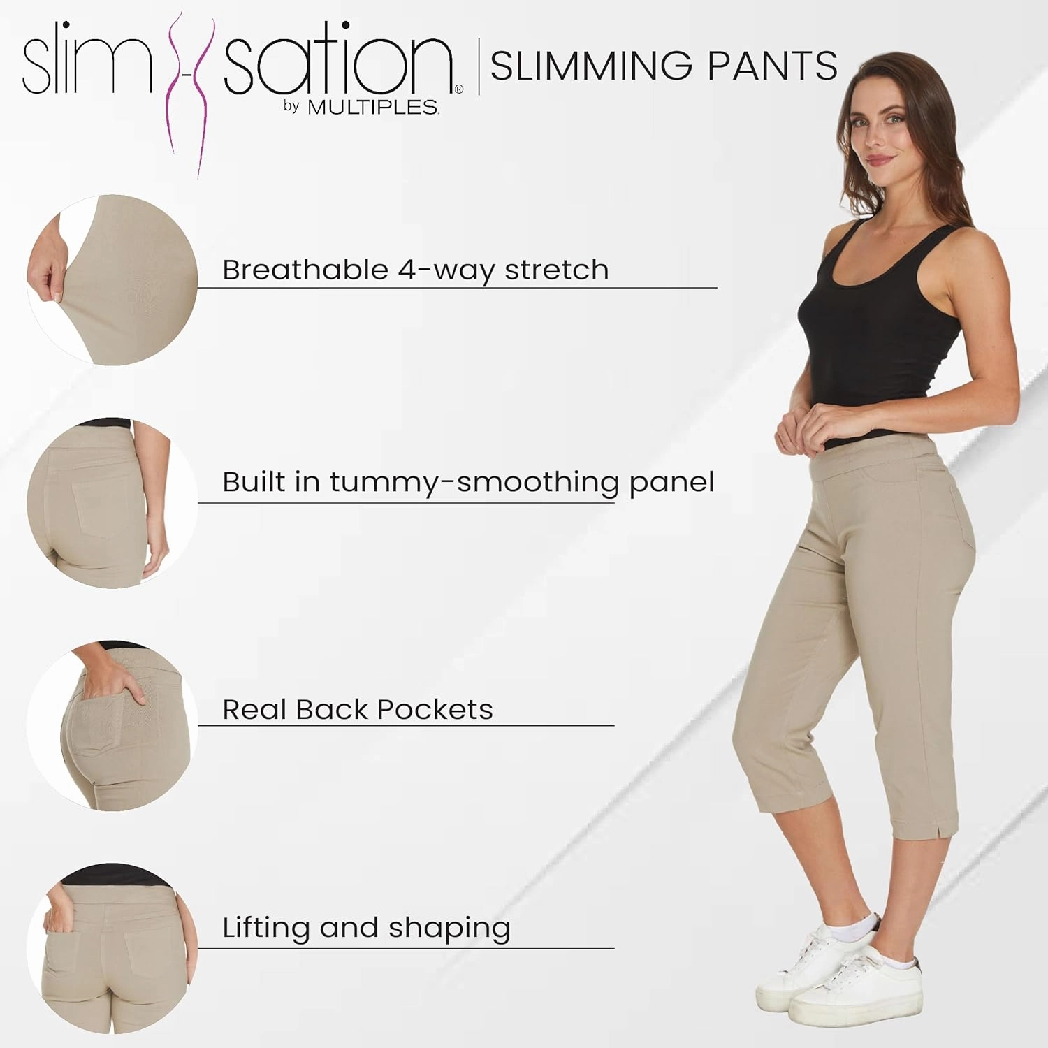 SLIM-SATION Women's Wide Band Pull on Straight Leg Capri with Tummy Control