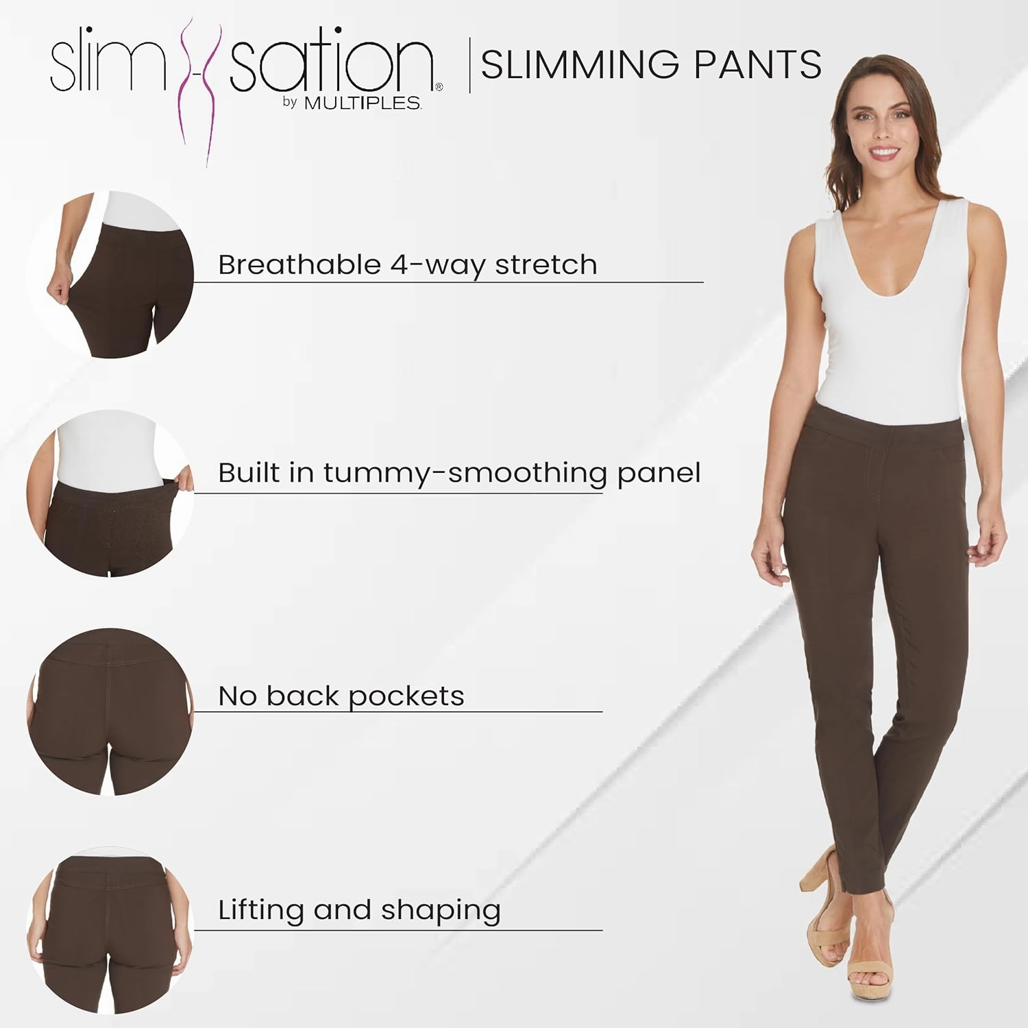 SLIM-SATION Women's Wide Band Regular Length Pull-on Straight Leg Pant with Tummy Control