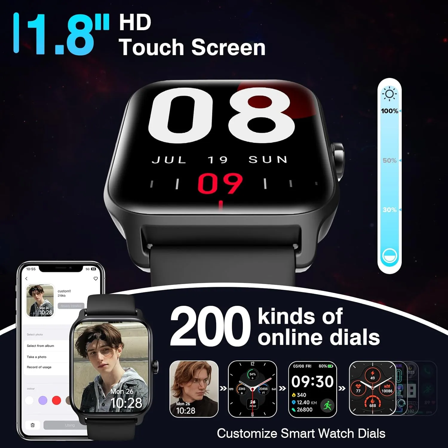 Smart Watch for Women Men, Smartwatch 1.8'' Alexa Fitness Tracker IP68 Waterproof Smart Watches for Women Compatible for Android & iOS with Bluetooth Calls, IP68 Heart Rate/Sleep/SpO2 Monitor, 110 