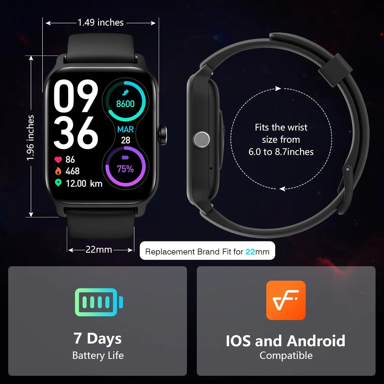 Smart Watch for Women Men, Smartwatch 1.8'' Alexa Fitness Tracker IP68 Waterproof Smart Watches for Women Compatible for Android & iOS with Bluetooth Calls, IP68 Heart Rate/Sleep/SpO2 Monitor, 110 