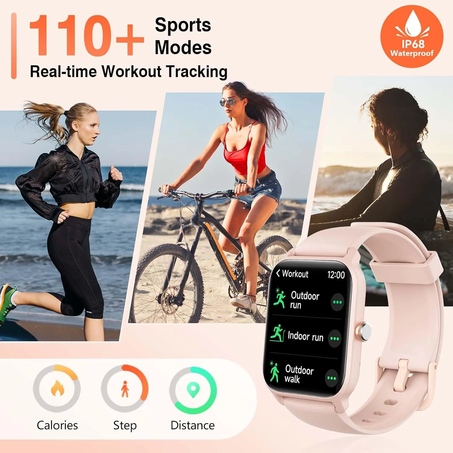 Smart Watch for Women Men, Smartwatch 1.8'' Alexa Fitness Tracker IP68 Waterproof Smart Watches for Women Compatible for Android & iOS with Bluetooth Calls, IP68 Heart Rate/Sleep/SpO2 Monitor, 110 