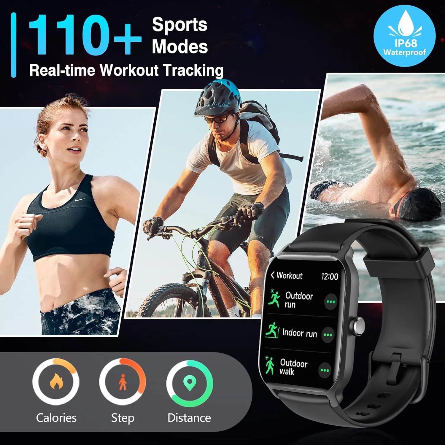 Smart Watch for Women Men, Smartwatch 1.8'' Alexa Fitness Tracker IP68 Waterproof Smart Watches for Women Compatible for Android & iOS with Bluetooth Calls, IP68 Heart Rate/Sleep/SpO2 Monitor, 110 
