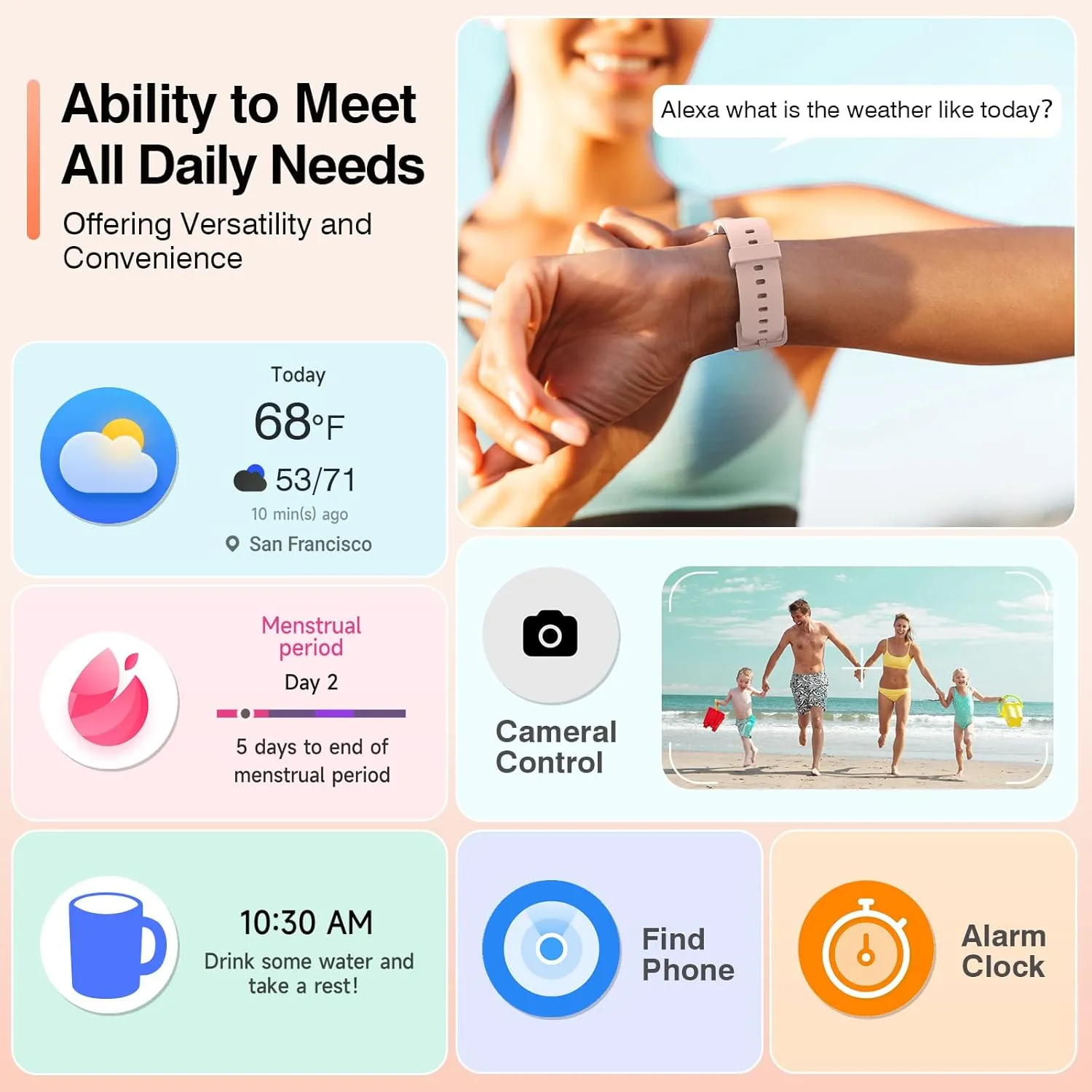 Smart Watch for Women Men, Smartwatch 1.8'' Alexa Fitness Tracker IP68 Waterproof Smart Watches for Women Compatible for Android & iOS with Bluetooth Calls, IP68 Heart Rate/Sleep/SpO2 Monitor, 110 