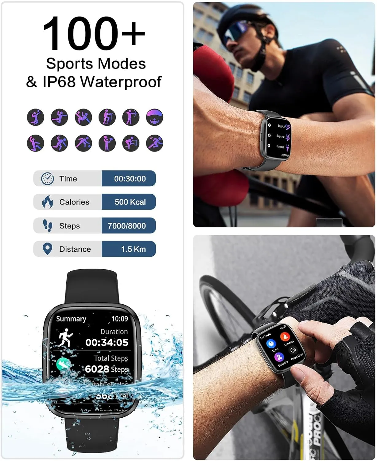 Smart Watches for Men/Women, 1.75" Bluetooth Call, AI Voice Smartwatch, 24/7 Heart Rate Monitor, Blood Pressure/SpO2/Sleep Tracker, IP68 Waterproof, 100  Sports Fitness Tracker for Android iOS Black