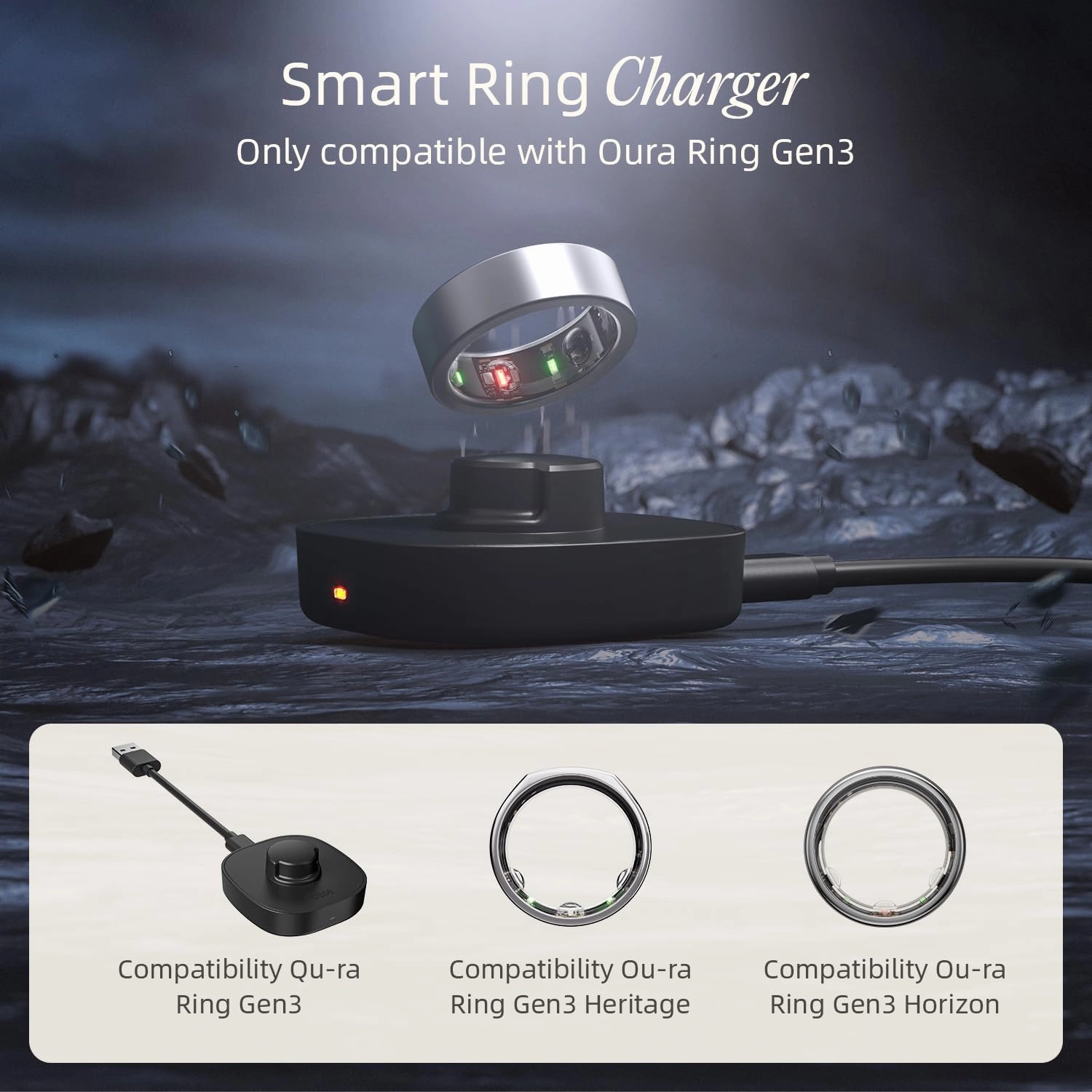 Smart Ring Charging Size 8, Compatible with Oura Ring Gen3 Charger, Fast Charging Dock and USB-C Cable, Charger for Smart Ring (Black)