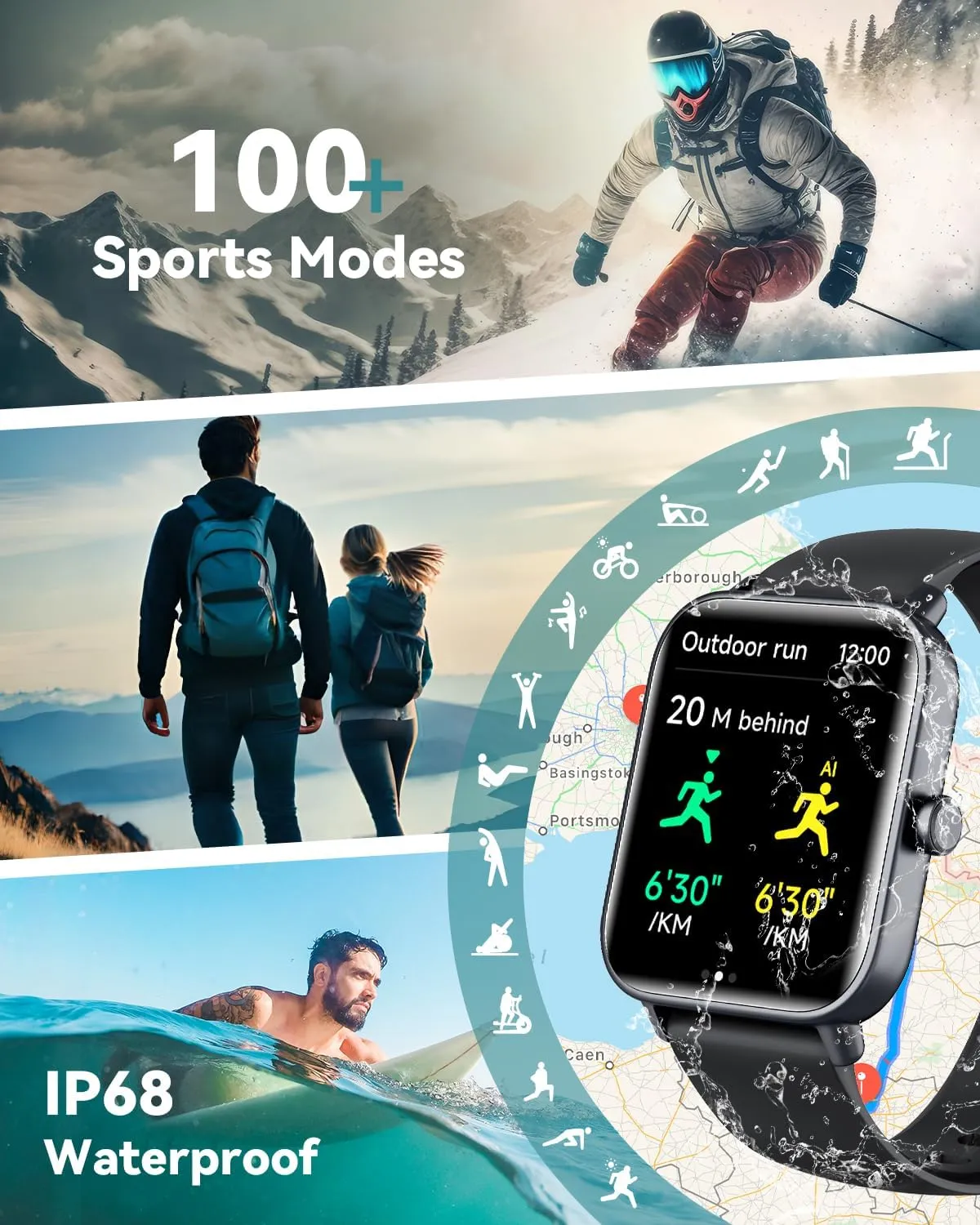 Smartwatch for Men Women, Alexa Built-in, 1.8" Fitness Tracker, IP68 Waterproof Smartwatch for Android & iPhone with Bluetooth Call (Answer/Make), Heart Rate/SpO2/Sleep Monitor/Pedometer, Black