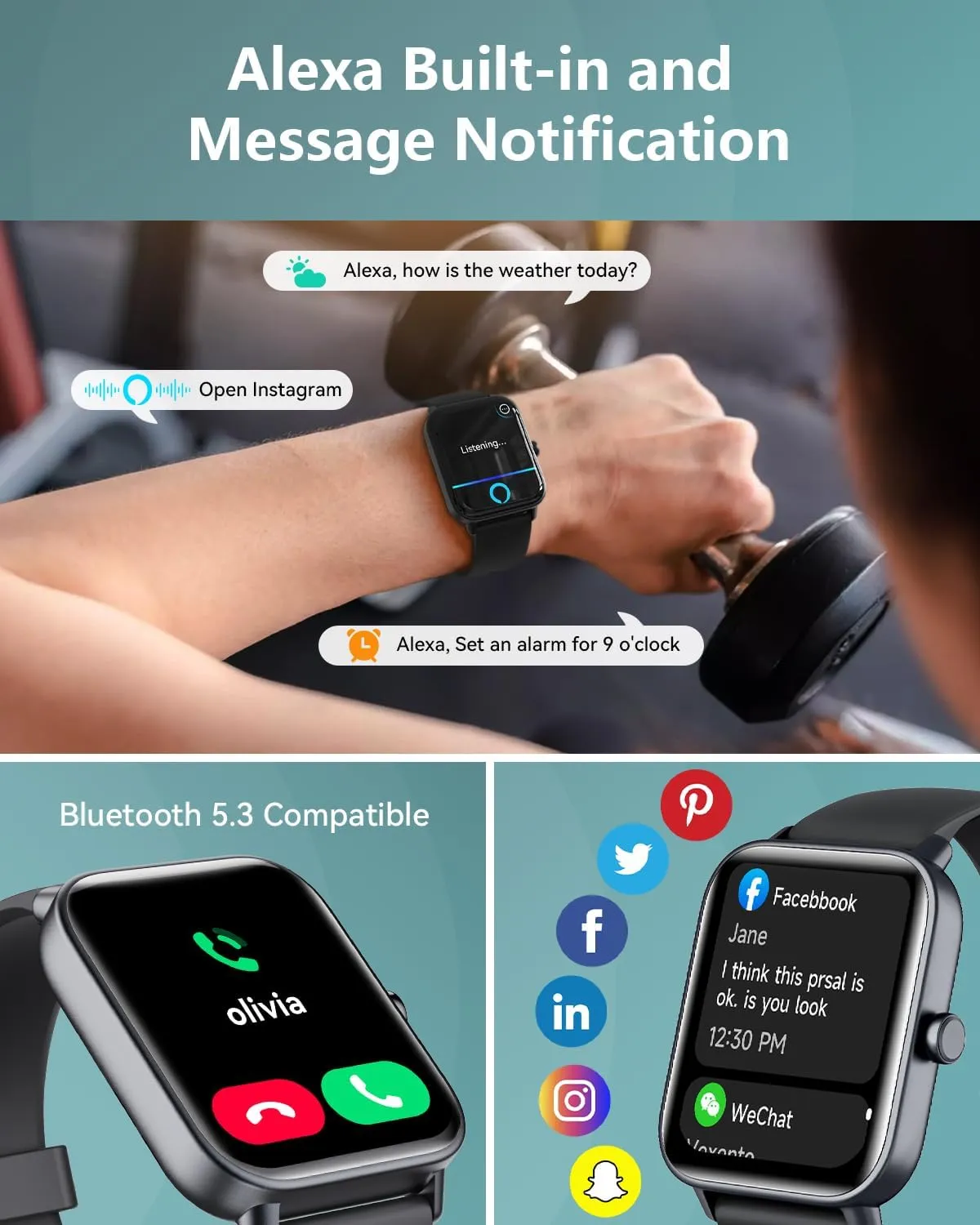 Smartwatch for Men Women, Alexa Built-in, 1.8" Fitness Tracker, IP68 Waterproof Smartwatch for Android & iPhone with Bluetooth Call (Answer/Make), Heart Rate/SpO2/Sleep Monitor/Pedometer, Black
