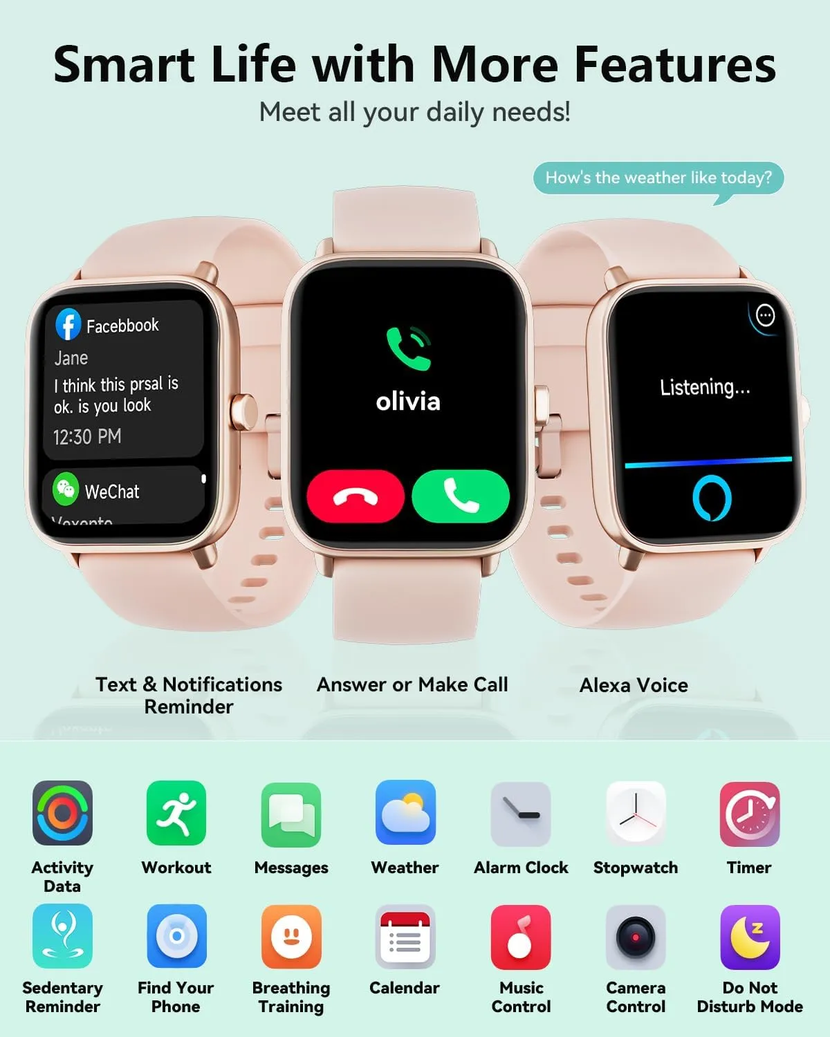 Smartwatch for Men Women, Alexa Built-in, 1.8" Fitness Tracker, IP68 Waterproof Smartwatch for Android & iPhone with Bluetooth Call (Answer/Make), Heart Rate/SpO2/Sleep Monitor/Pedometer, Pink