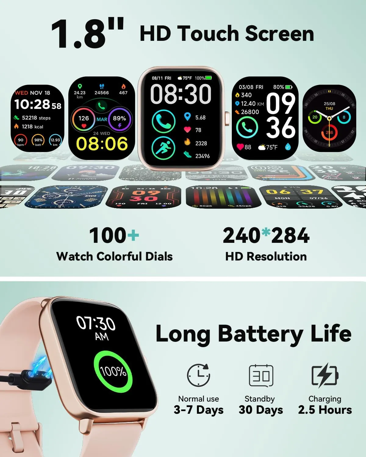 Smartwatch for Men Women, Alexa Built-in, 1.8" Fitness Tracker, IP68 Waterproof Smartwatch for Android & iPhone with Bluetooth Call (Answer/Make), Heart Rate/SpO2/Sleep Monitor/Pedometer, Pink