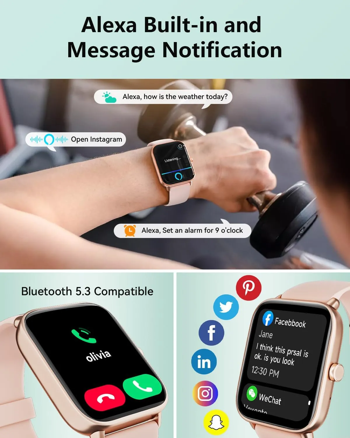 Smartwatch for Men Women, Alexa Built-in, 1.8" Fitness Tracker, IP68 Waterproof Smartwatch for Android & iPhone with Bluetooth Call (Answer/Make), Heart Rate/SpO2/Sleep Monitor/Pedometer, Pink
