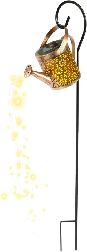 Solar Watering Can Lamp, Hanging LED Waterfall Watering Can Art Lights Retro Copper Stake Light Waterproof Fairy String Light for Outdoor Garden Wedding Party Decoration