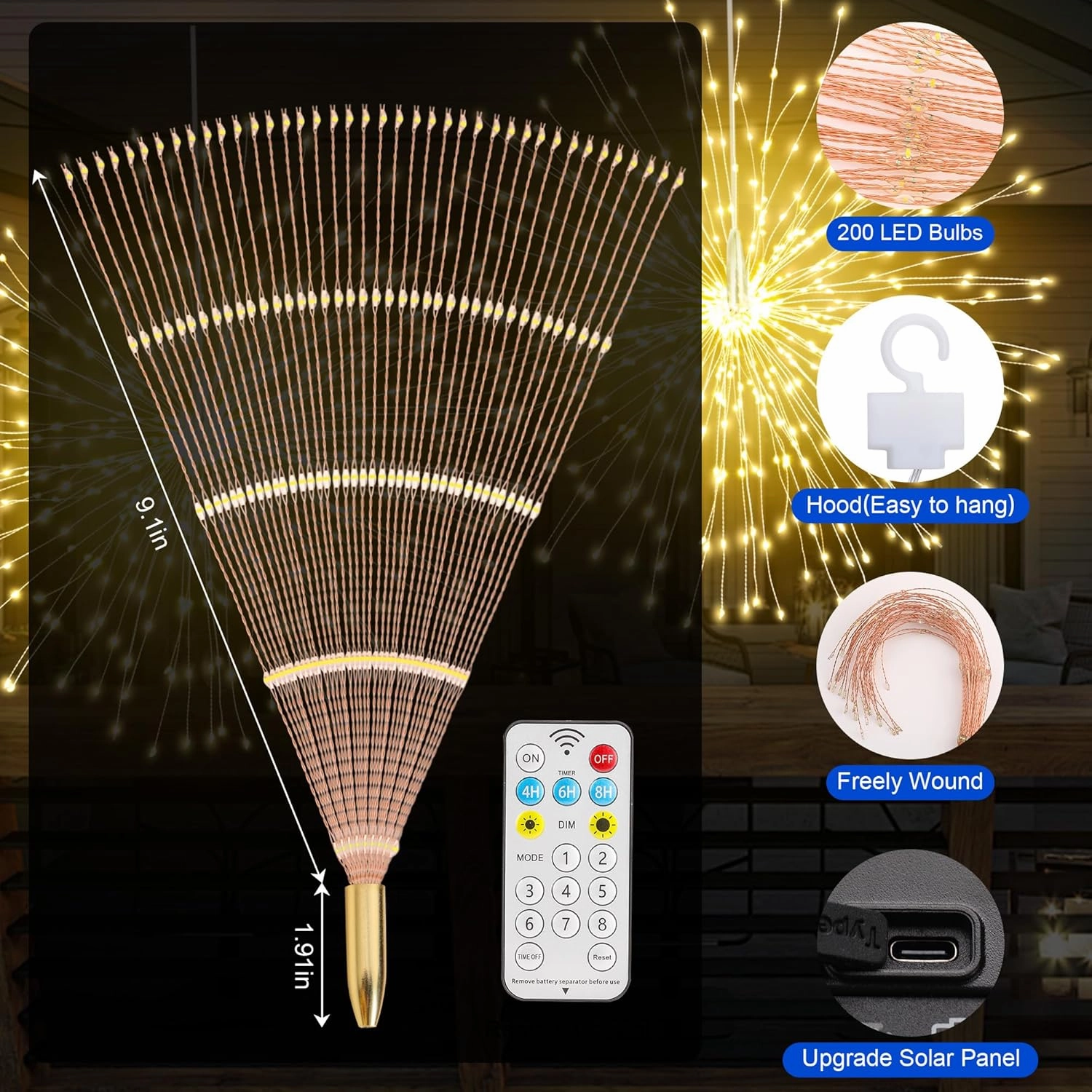 Solar Firework Lights Outdoor, 600 LED Starburst Light Outdoor with USB Rechargerable, 8 Modes Waterproof Solar Hanging Lights for Gazebo Yard Party Wedding Decorations (Warm White, 600 LED)