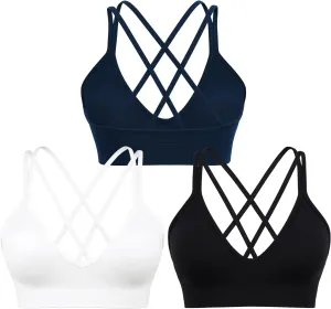 Sports Bra for Women V-Neck Strappy Criss Cross Yoga Bra Padded Medium Support Workout Gym Athletic Fitness Bras 3 Pack
