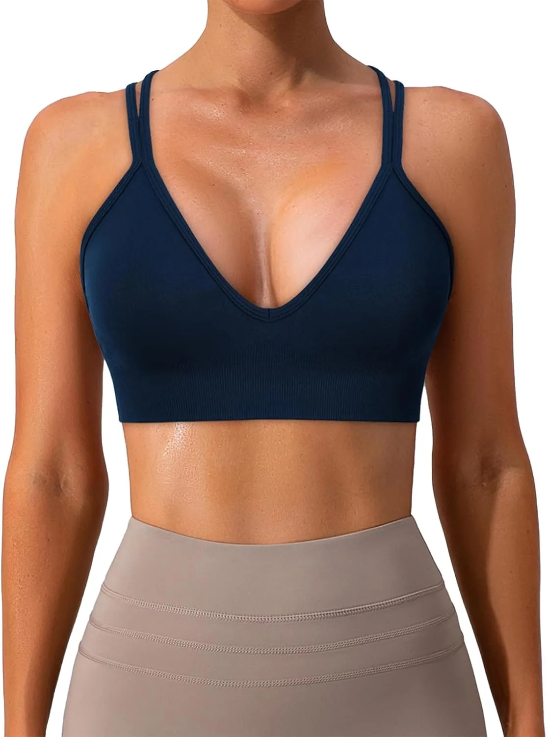 Sports Bra for Women V-Neck Strappy Criss Cross Yoga Bra Padded Medium Support Workout Gym Athletic Fitness Bras 3 Pack
