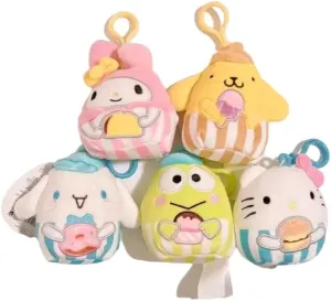 Squishmallows Sanrio Hello Kitty Set of 5 Mini 3.5" Clip On Keychains Plush Dolls C