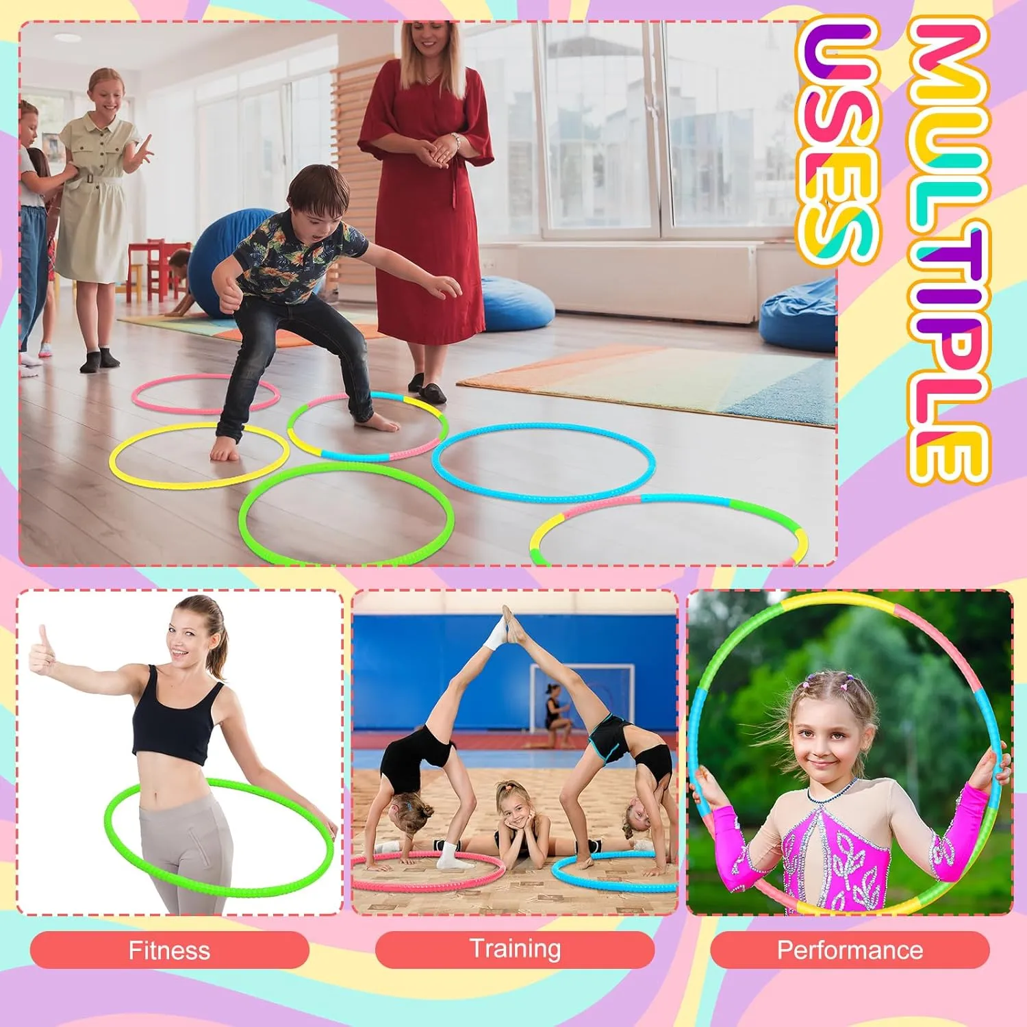 Sratte 12 Pcs Toy Hoop for Kid Detachable Adjustable Toy Hoop Colored Hoop Exercise Ring Plastic Circle for Kid Teen Gymnastics Dog Agility Equipment, Require Self Assembly(Fresh Color, 24 Inch)