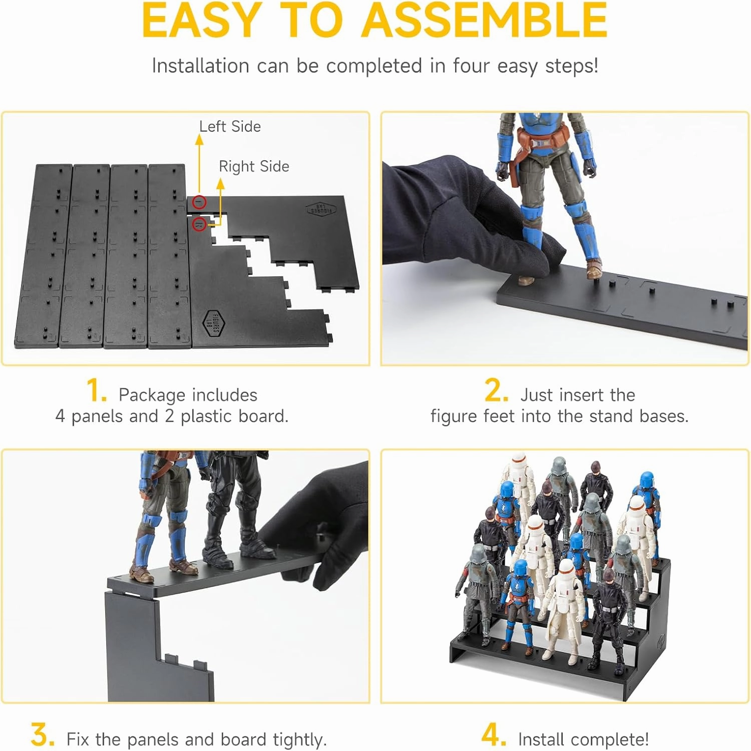 Star Was Black Series 6 inch Figure Risers Display Stand, Action Figure Shelf with Flexible Pegs for Collectibles Organizer, Figure Toy Support Holder Base for 1/12 Scale Models, 4 Tiers, Black