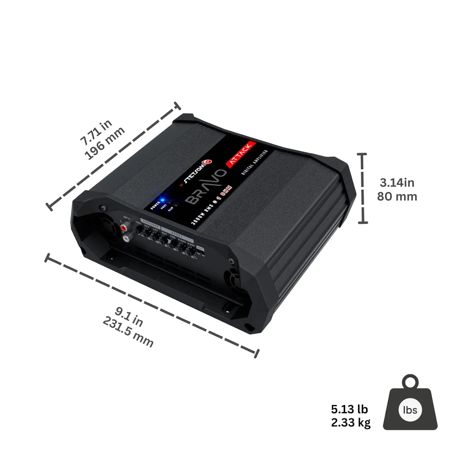 Stetsom Bravo Attack 3000 1 Ohm Mono Car Amplifier, 3000.1 3K Watts RMS, 1Ω Stable Car Audio, Full Range HD Sound Quality, 3000x1, Crossover & Bass Boost, Car Stereo Speaker MD, Smart Coolers