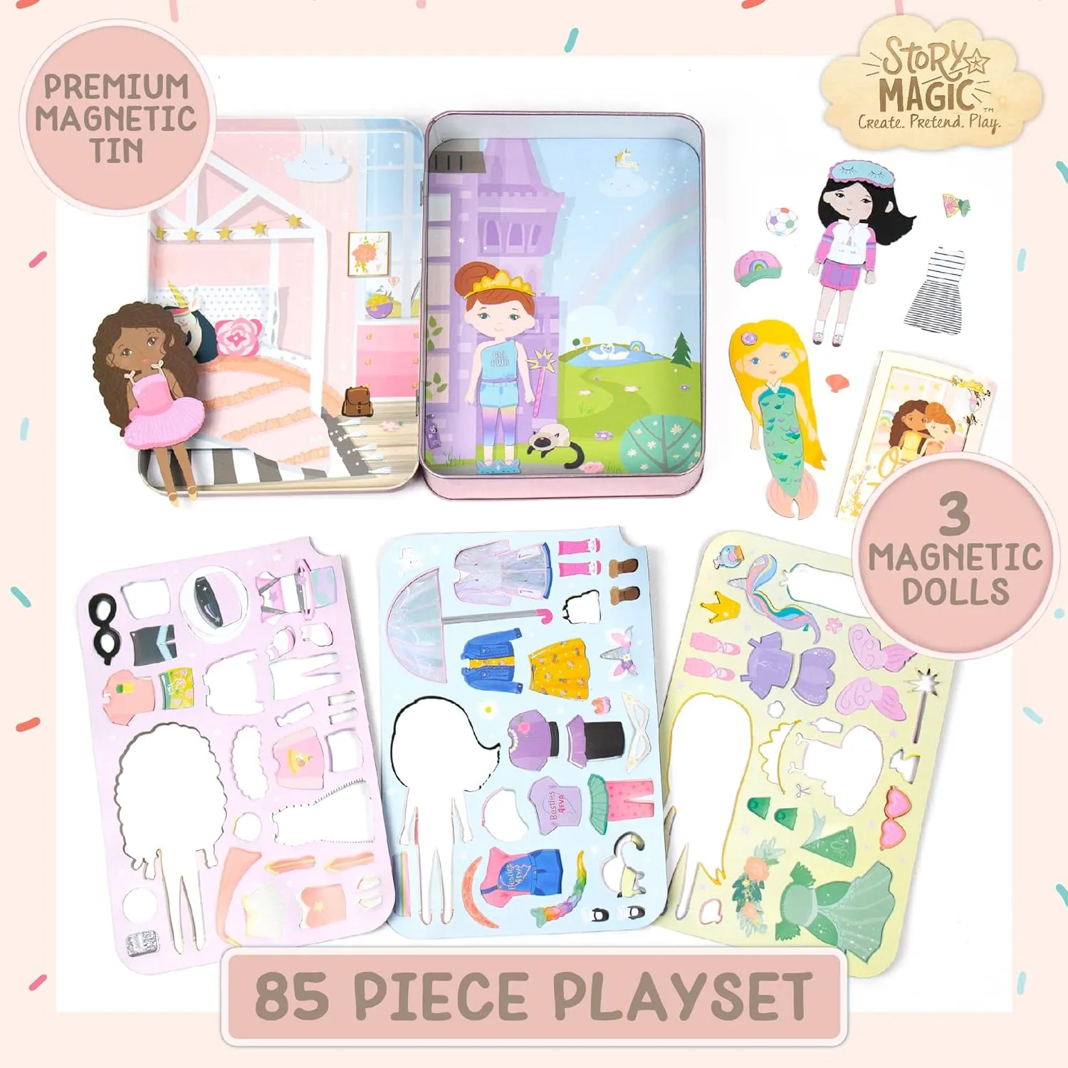 Story Magic Dress-Up Dolls Playset, Pretend Play Magnetic Case, Magnet Outfit and Accessory Pieces, Great for Travel or Playdates, Magnetic On The Go Activity Set for Ages 4, 5, 6, 7 , Pink