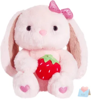 Strawberry Bunny Rabbit Plush Stuffed Animals Pink Plushie Floppy Ear with Strawberry Fluffy Soft Toy Gifts for Kids Girls Boys(10inch)
