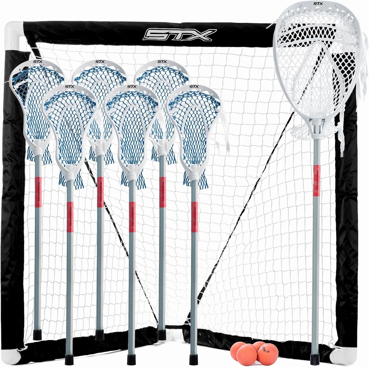 STX FiddleSTX Seven Player Game Set with Six Field Player Sticks One Goalie Stick Mini Goal and Balls