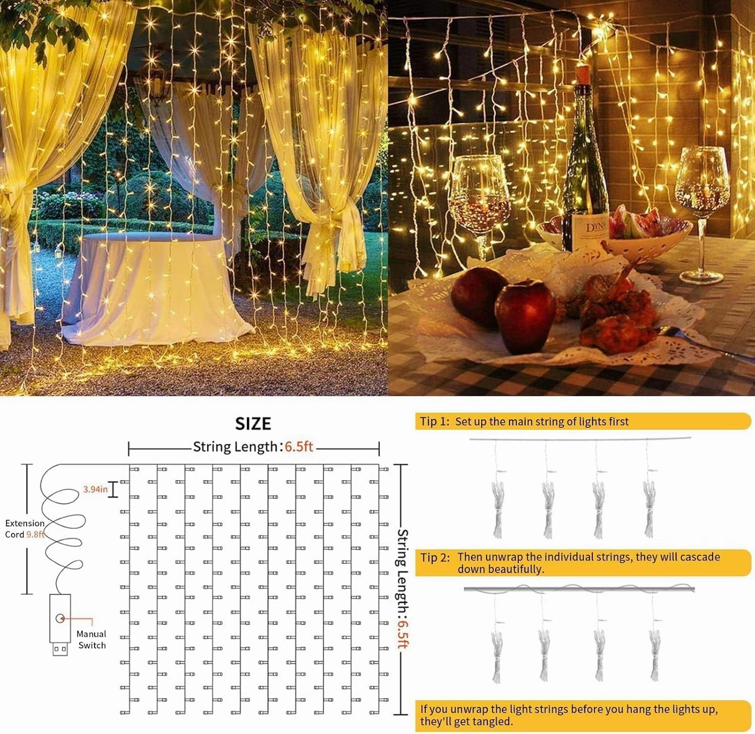 suddus Curtain Lights for Bedroom, 200 Led Hanging String Lights Outdoor, Fairy Curtain Light Indoor for Christmas, Dorm, Wall, Backdrop, Window, Wedding, Party, Brithday Decor, Warm White