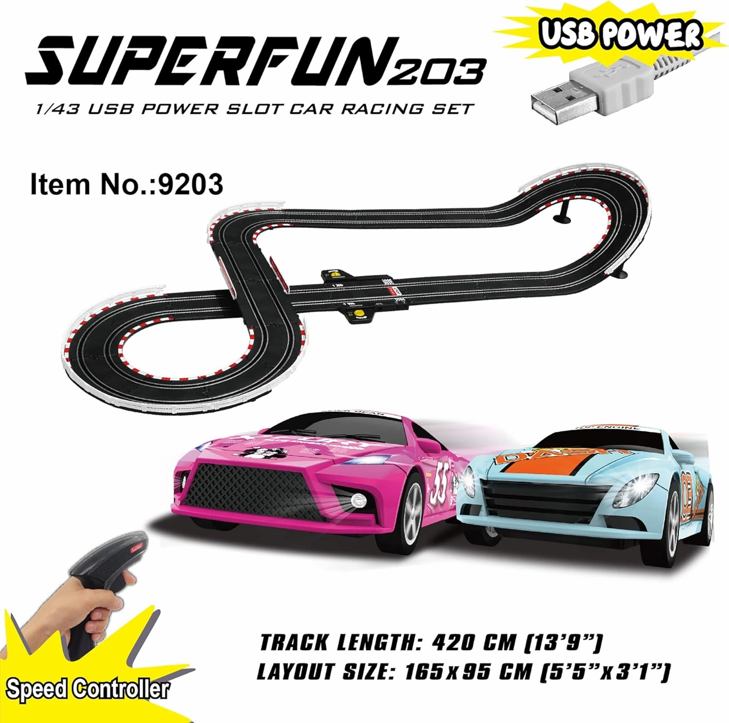 SuperFun 203-1/43 USB Power Slot Car Racing Set, Layout Size: 65"x37", LED Headlights, Lap Counter, Ages 8 