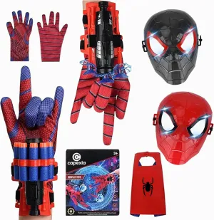 Superhero Web-Slinging Toy Set – 7-in-1 Superhero Set Includes 2 Web Shooters, 2 Hero Masks, 2 Gloves, and 1 Cape – Ideal for Indoor and Outdoor Costume Role-Playing, Imaginative Play for Kids Ages 3 
