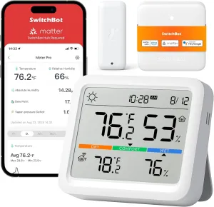 SwitchBot WiFi Indoor Outdoor Thermometer Meter Pro Pack with Outdoor Meter and Hub Mini (Matter Enabled), Wireless Humidity Sensor with App Control, Thermometer for Basement, Kitchen, and Greenhouse