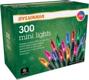SYLVANIA Christmas Lights, Multi 300 (2x150) Light Set, Green Wire. 64.75' Total Length. For Indoor and Outdoor use.