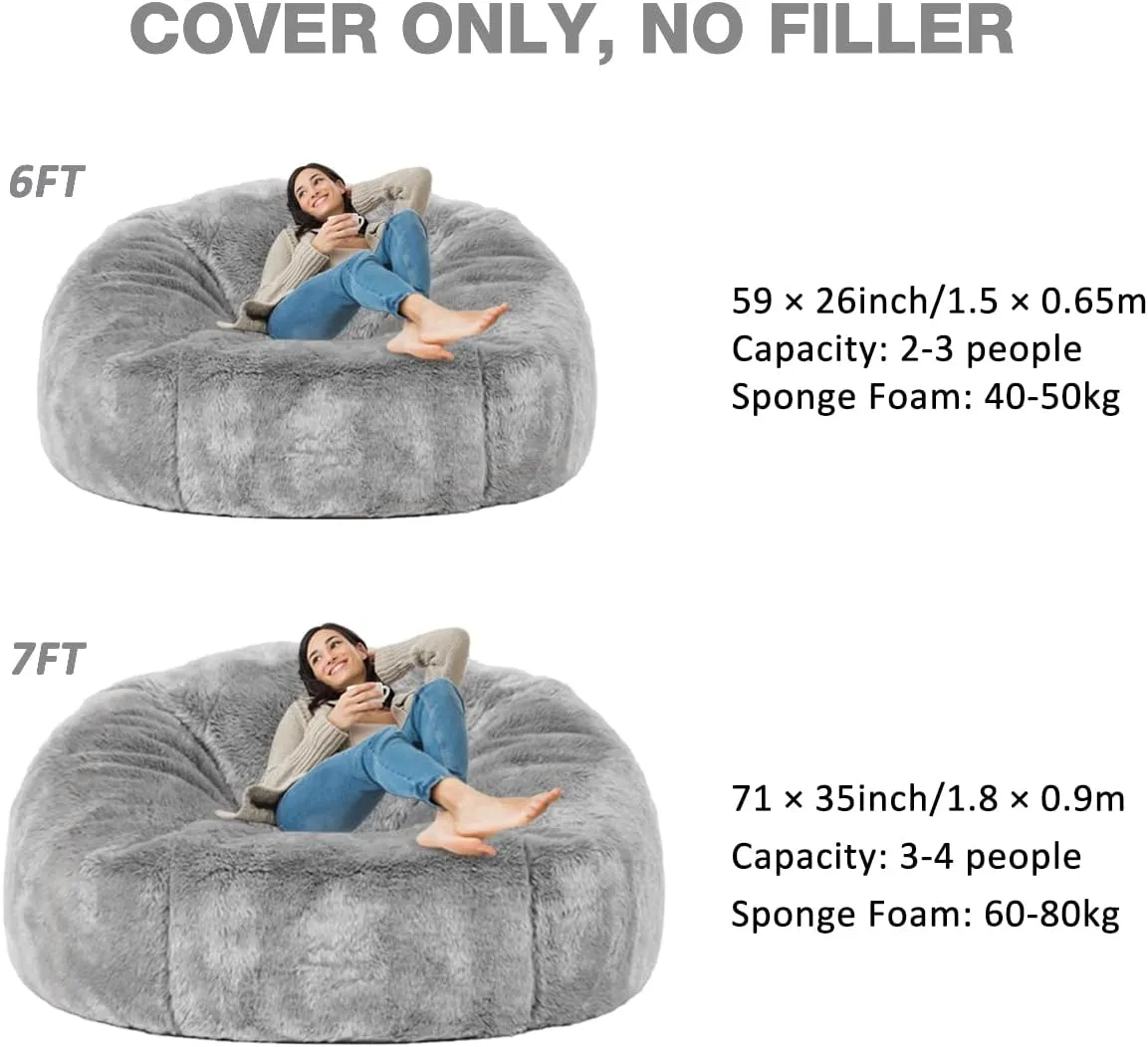 Taotique 6FT Giant Bean Bag Chair Cover (Cover only, No Filler) Soft Faux RH Fur Sofa Bed Washable Bean Bag Couch Cover for Adult and Kids with Liner