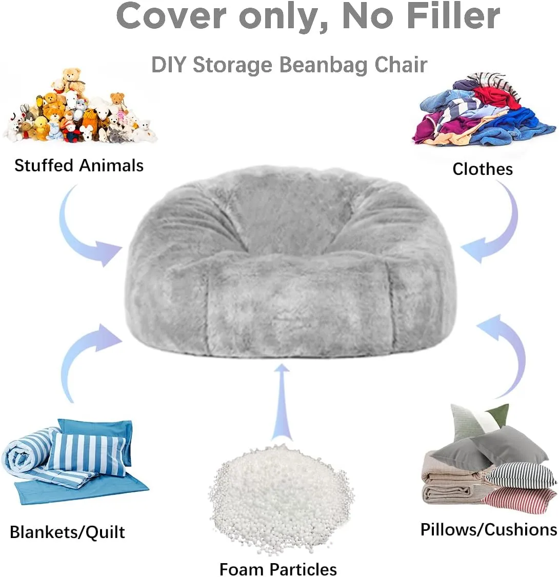 Taotique 6FT Giant Bean Bag Chair Cover (Cover only, No Filler) Soft Faux RH Fur Sofa Bed Washable Bean Bag Couch Cover for Adult and Kids with Liner