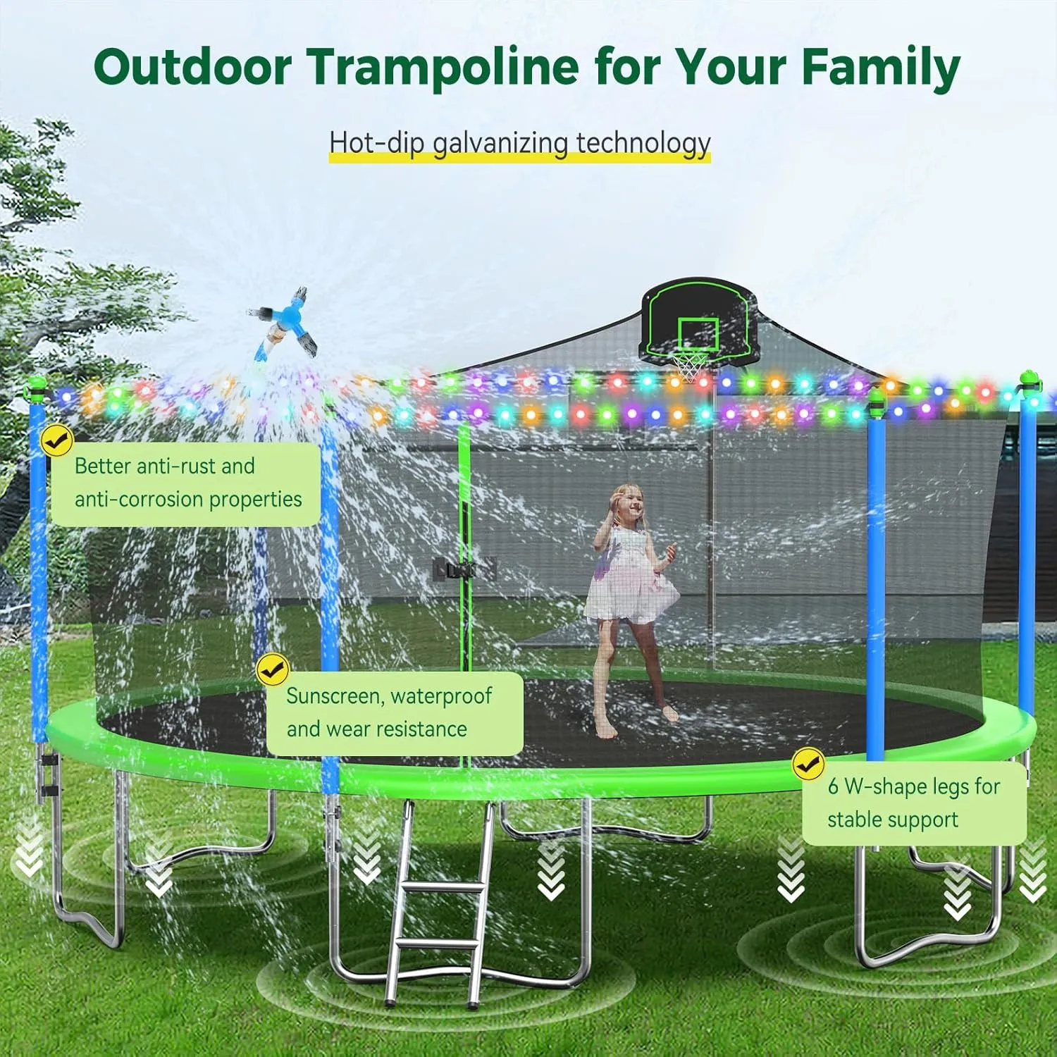 Tatub 8FT 10FT 12FT 14FT 15FT 16FT Large Outdoor Trampoline with Lights & Sprinkler for Kids and Adults, Recreational Trampolines with Basketball Hoop & Enclosure Net