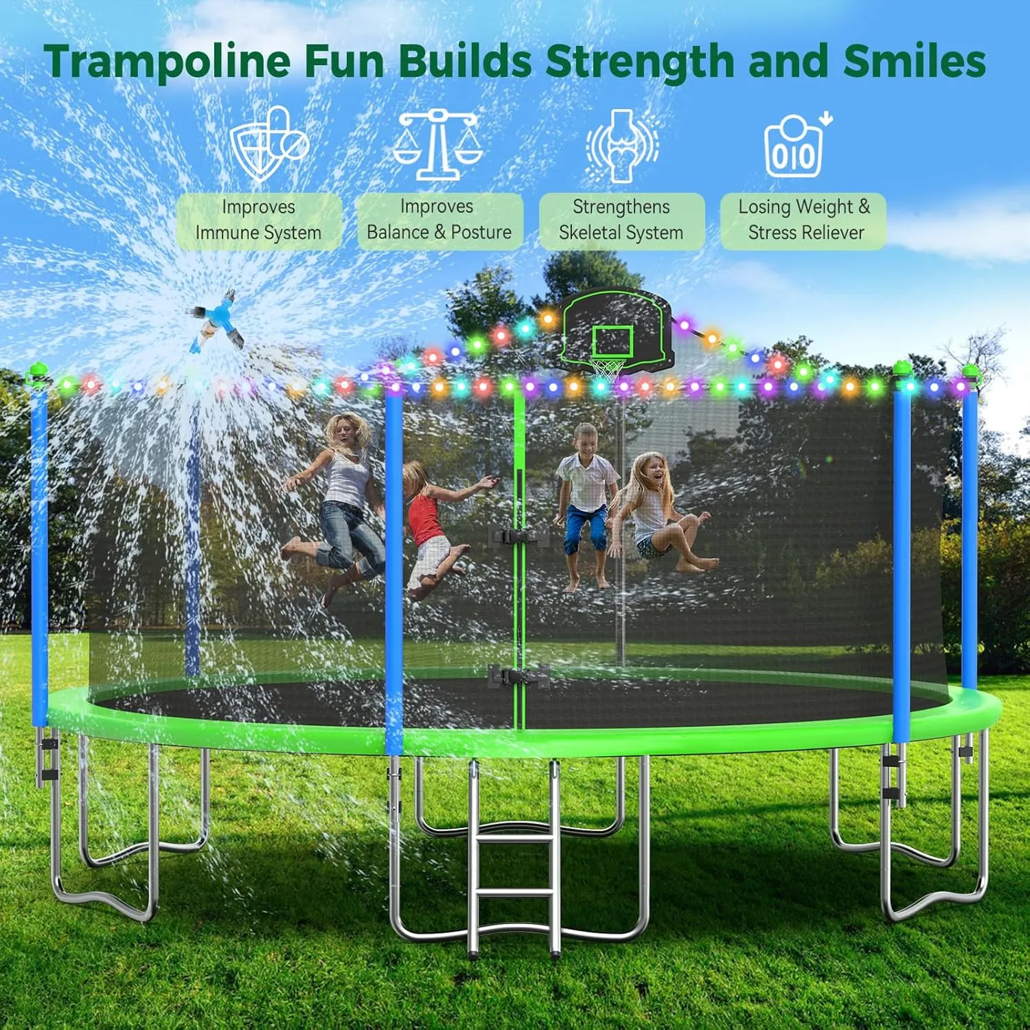 Tatub 8FT 10FT 12FT 14FT 15FT 16FT Large Outdoor Trampoline with Lights & Sprinkler for Kids and Adults, Recreational Trampolines with Basketball Hoop & Enclosure Net