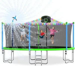 Tatub 8FT 10FT 12FT 14FT 15FT 16FT Large Outdoor Trampoline with Lights & Sprinkler for Kids and Adults, Recreational Trampolines with Basketball Hoop & Enclosure Net