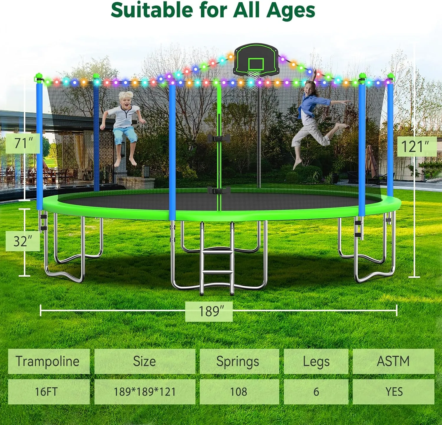 Tatub 8FT 10FT 12FT 14FT 15FT 16FT Large Outdoor Trampoline with Lights & Sprinkler for Kids and Adults, Recreational Trampolines with Basketball Hoop & Enclosure Net
