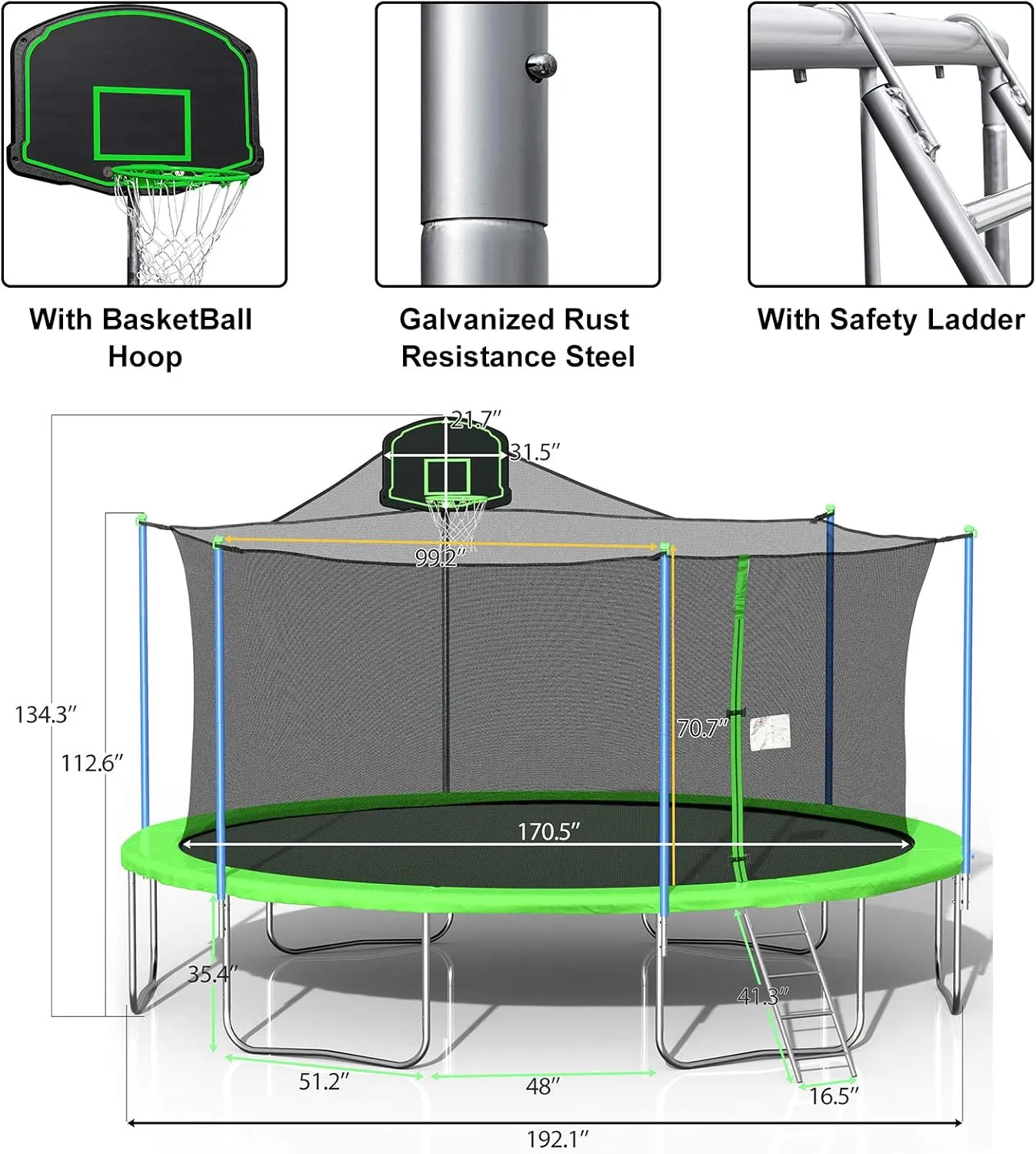 Tatub 8FT 10FT 12FT 14FT 15FT 16FT Large Outdoor Trampoline with Lights & Sprinkler for Kids and Adults, Recreational Trampolines with Basketball Hoop & Enclosure Net