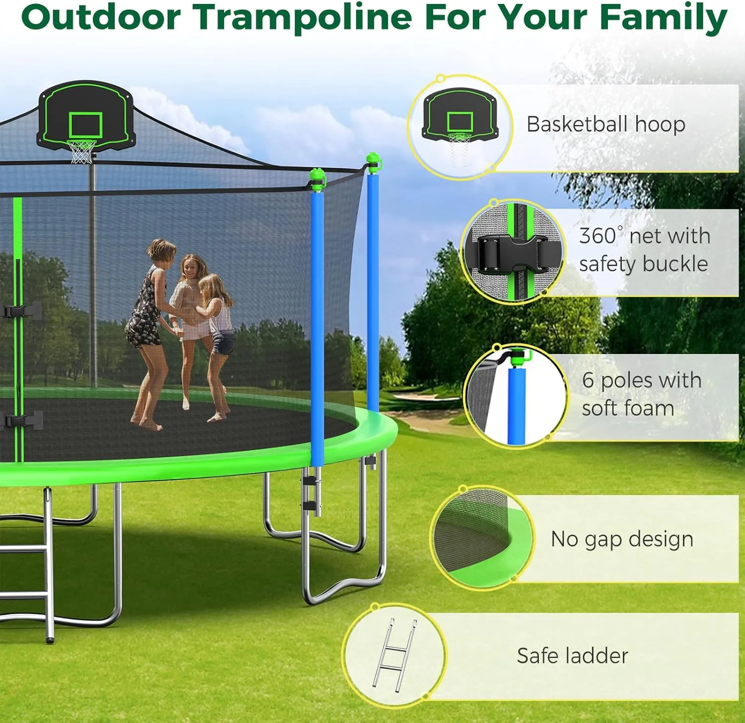 Tatub 8FT 10FT 12FT 14FT 15FT 16FT Large Outdoor Trampoline with Lights & Sprinkler for Kids and Adults, Recreational Trampolines with Basketball Hoop & Enclosure Net