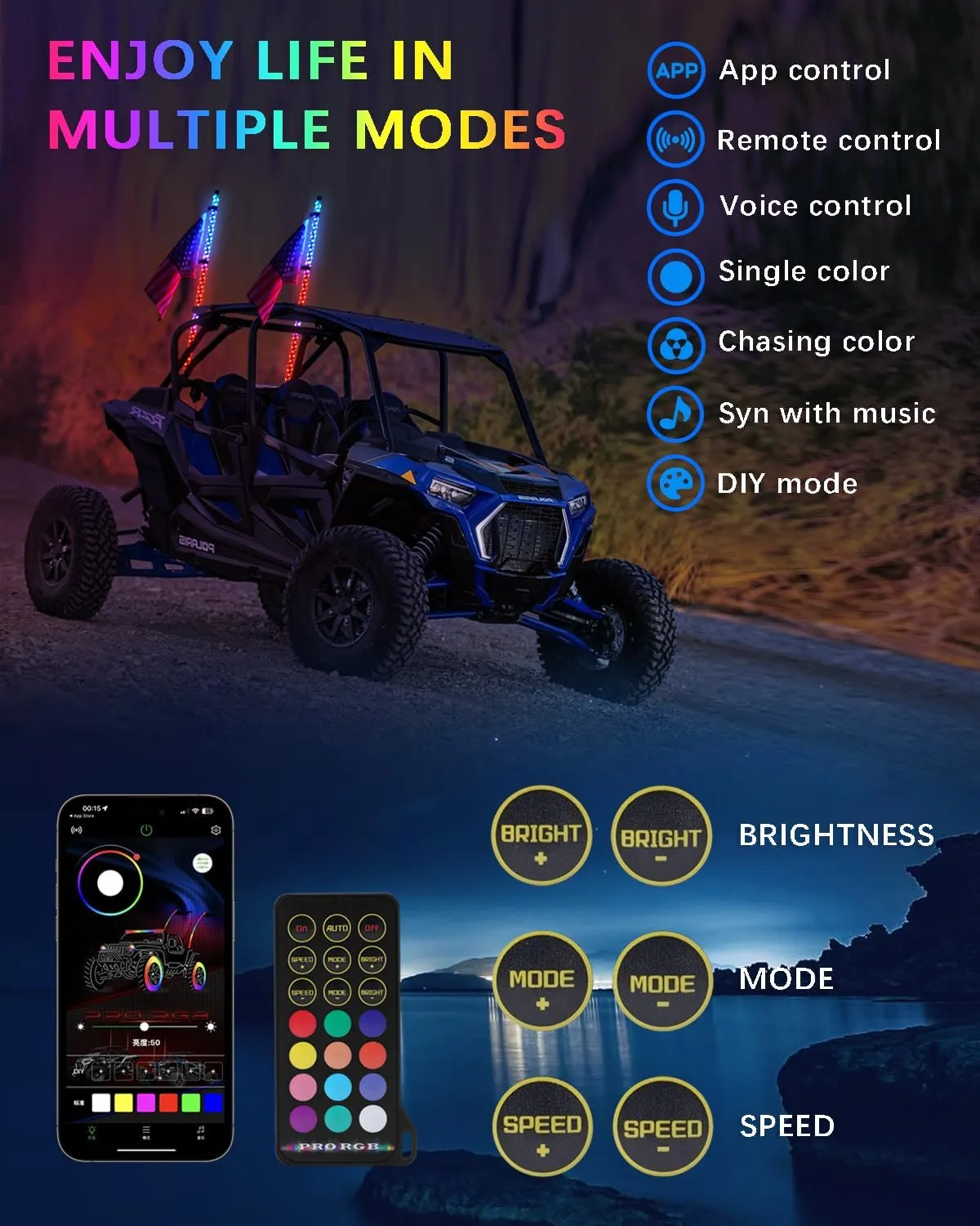 Tavaray 2PCS 6FT Whip Lights with Spring Base, Tripled Brighter Led Whip Lights W/Rocker Switch & 6 Flags, 360° Spiral Chasing Lighted Antenna Whip with App & Remote Control for UTV/ATV/RZR/SXS/Can-Am
