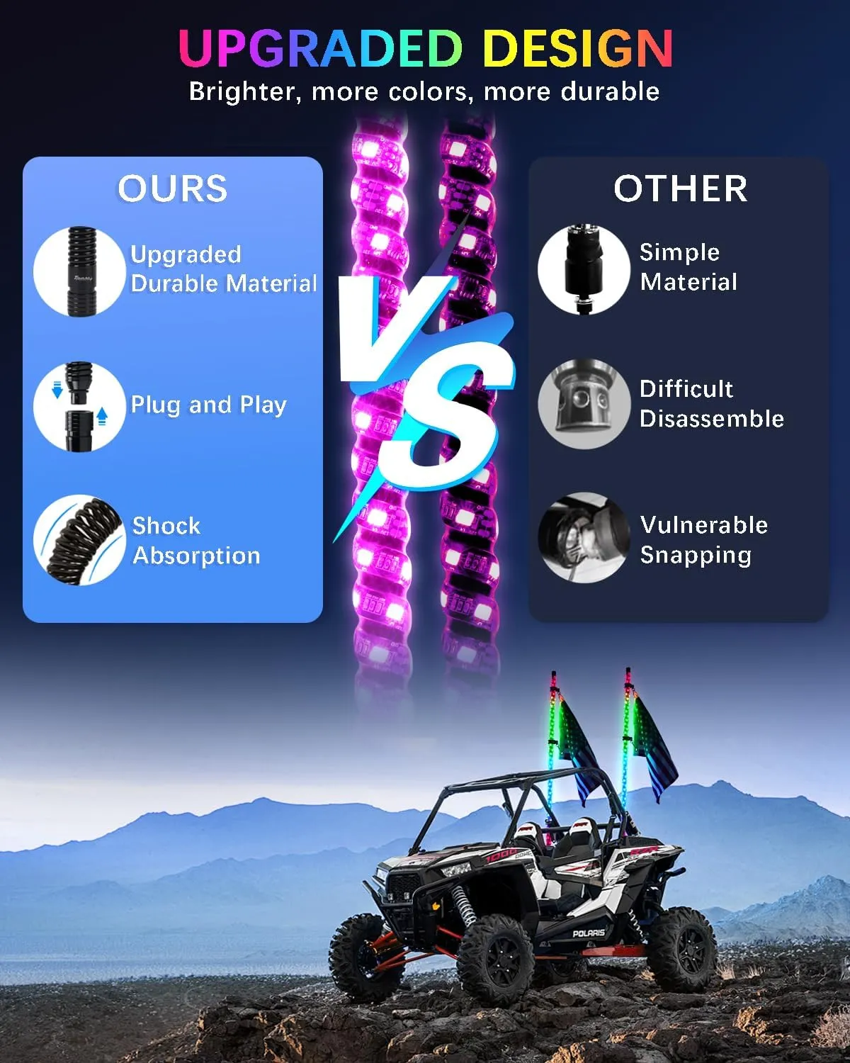 Tavaray 2PCS 6FT Whip Lights with Spring Base, Tripled Brighter Led Whip Lights W/Rocker Switch & 6 Flags, 360° Spiral Chasing Lighted Antenna Whip with App & Remote Control for UTV/ATV/RZR/SXS/Can-Am