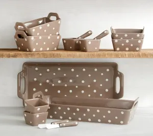 Temp-tations 14 pc Bake & Serve Set: 1 Casserole Dish, 1 Serving Tray, 2 sizes of Mini Loaf Pans, 4 mini Ramekins, and 4 Dip Spreaders (Polka Dot Taupe)